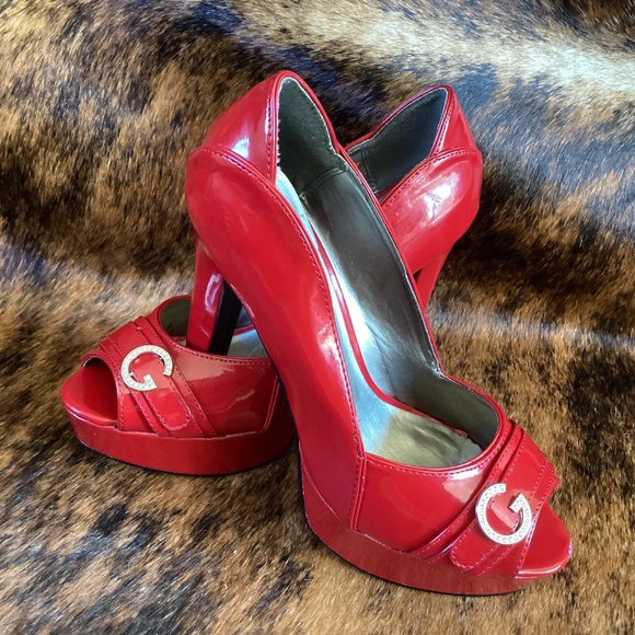 Vintage Guess Red Hot Platform Peep Toe Sexy Heels - Picture 1 of 9